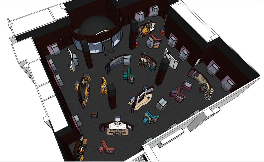 Concept drawing of Sacred Places gallery space from overhead.